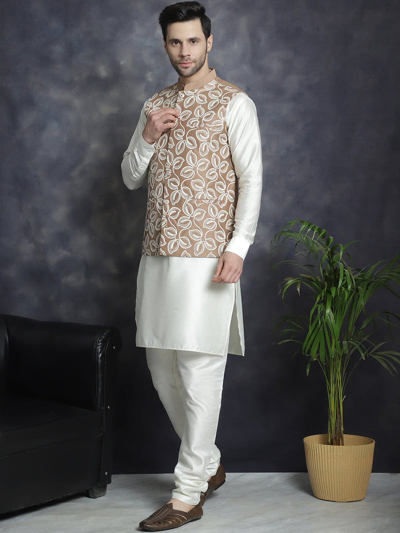 Men's Embroidred Nehru Jacket With Solid Kurta Pyjama ( JOKPWC 592W 4092Brown )