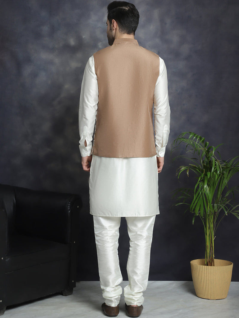 Men's Embroidred Nehru Jacket With Solid Kurta Pyjama ( JOKPWC 592W 4092Brown )