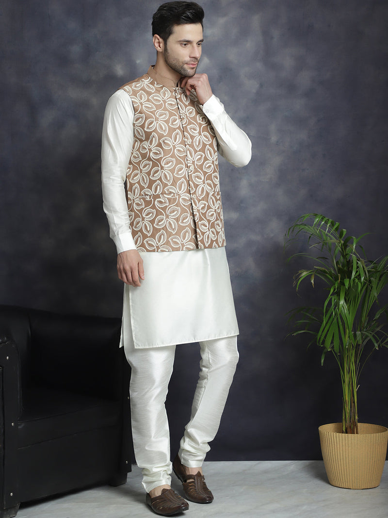 Men's Embroidred Nehru Jacket With Solid Kurta Pyjama ( JOKPWC 592W 4092Brown )