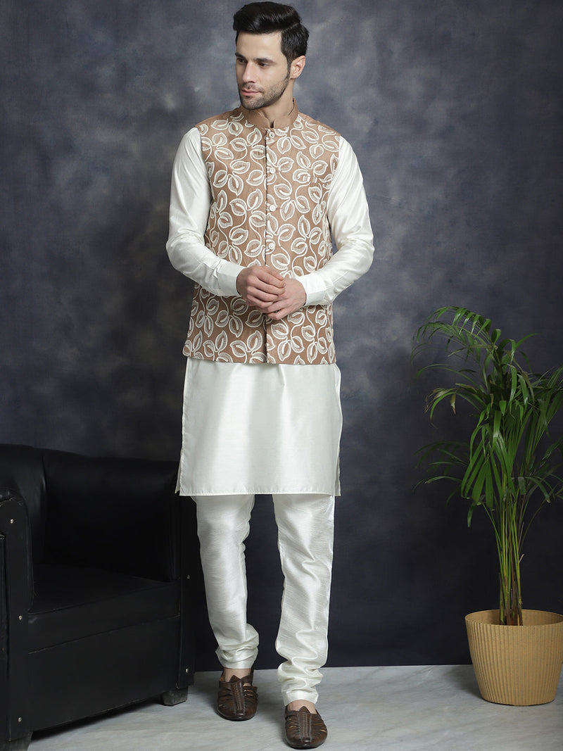 Men's Embroidred Nehru Jacket With Solid Kurta Pyjama ( JOKPWC 592W 4092Brown )