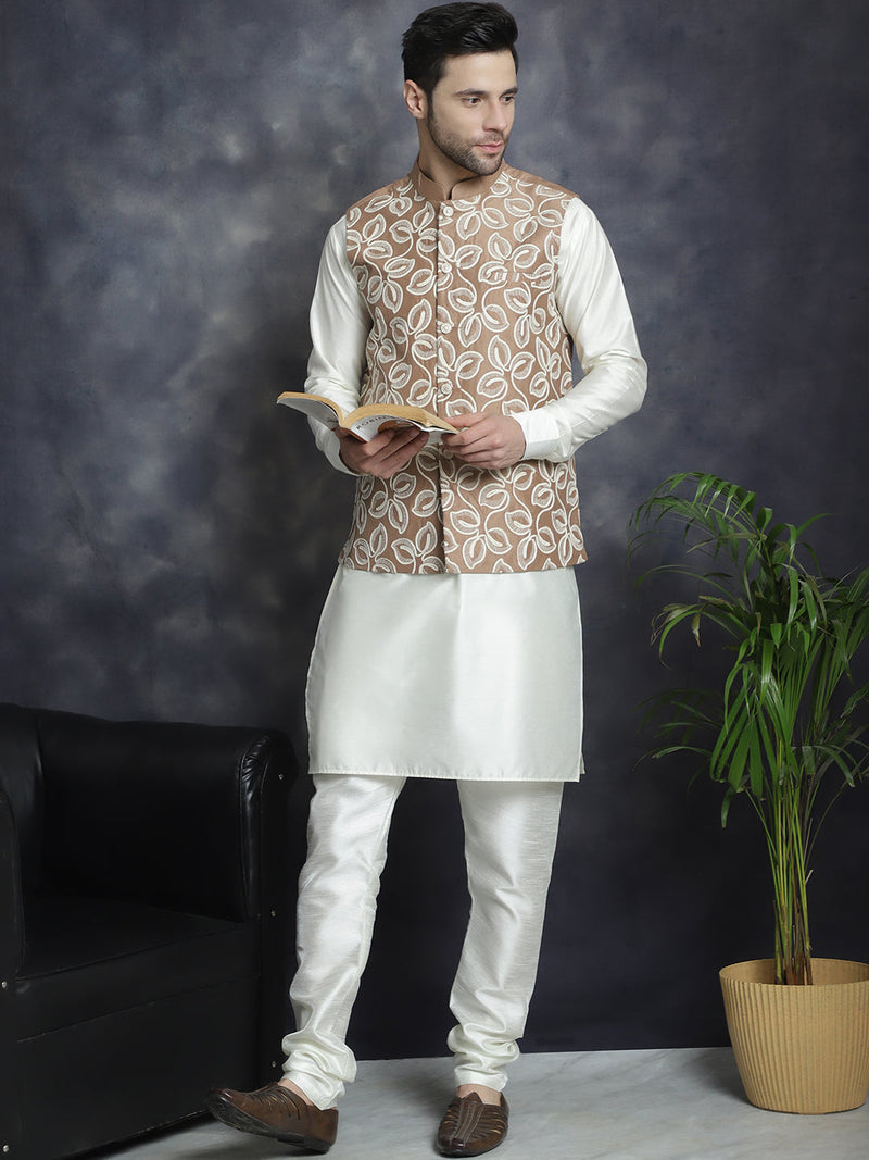 Men's Embroidred Nehru Jacket With Solid Kurta Pyjama ( JOKPWC 592W 4092Brown )