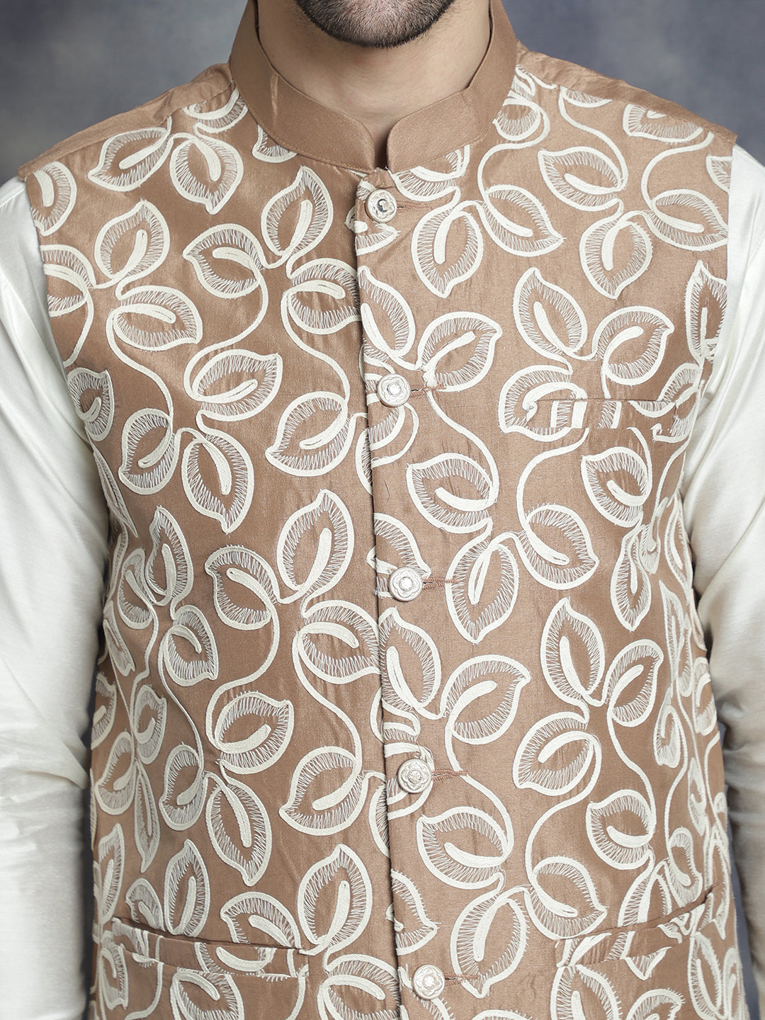 Men's Embroidred Nehru Jacket With Solid Kurta Pyjama ( JOKPWC 592W 4092Brown )