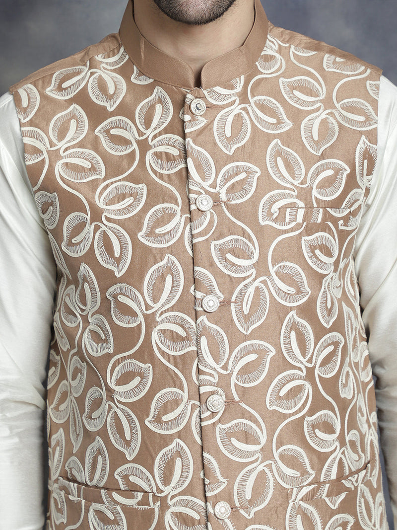 Men's Embroidred Nehru Jacket With Solid Kurta Pyjama ( JOKPWC 592W 4092Brown )