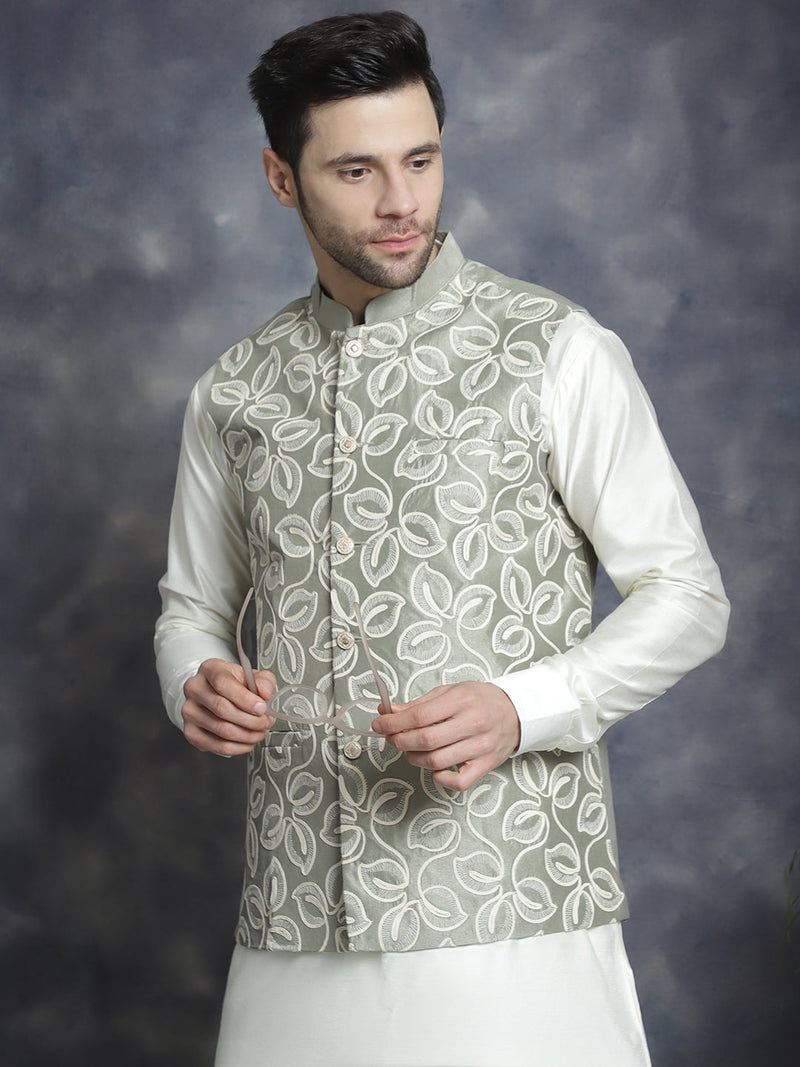 Men's Embroidred Nehru Jacket With Solid Kurta Pyjama ( JOKPWC 592W 4092Pista )