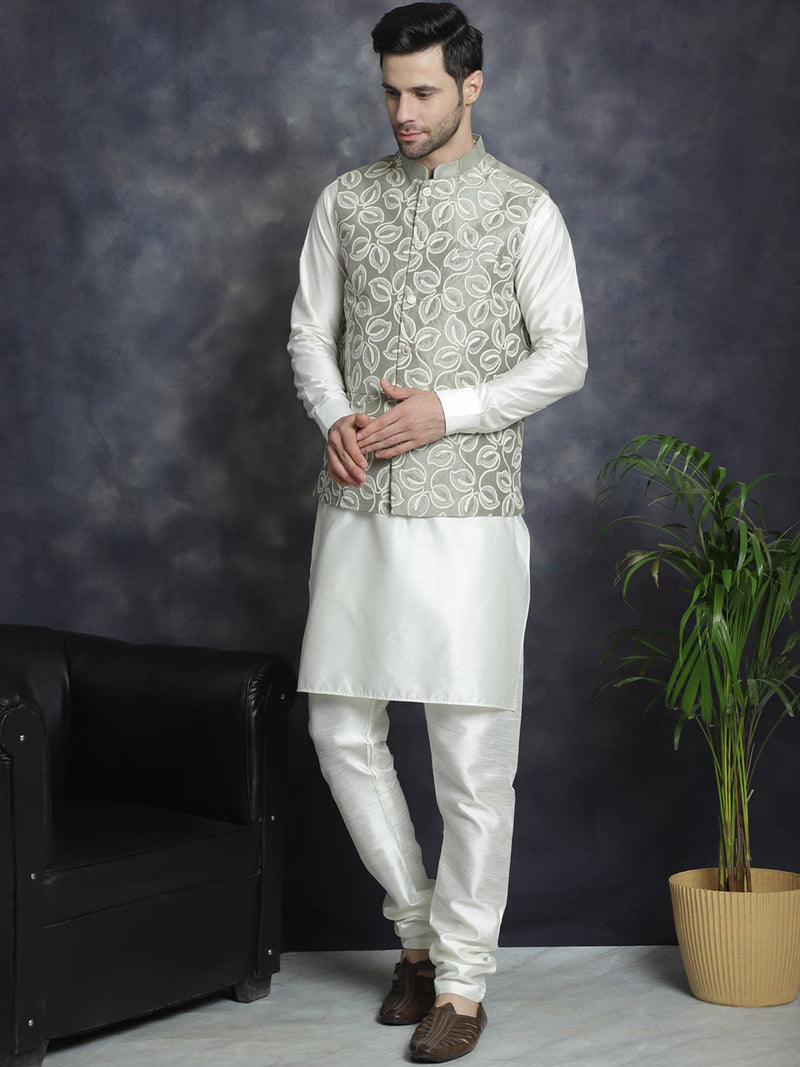 Men's Embroidred Nehru Jacket With Solid Kurta Pyjama ( JOKPWC 592W 4092Pista )