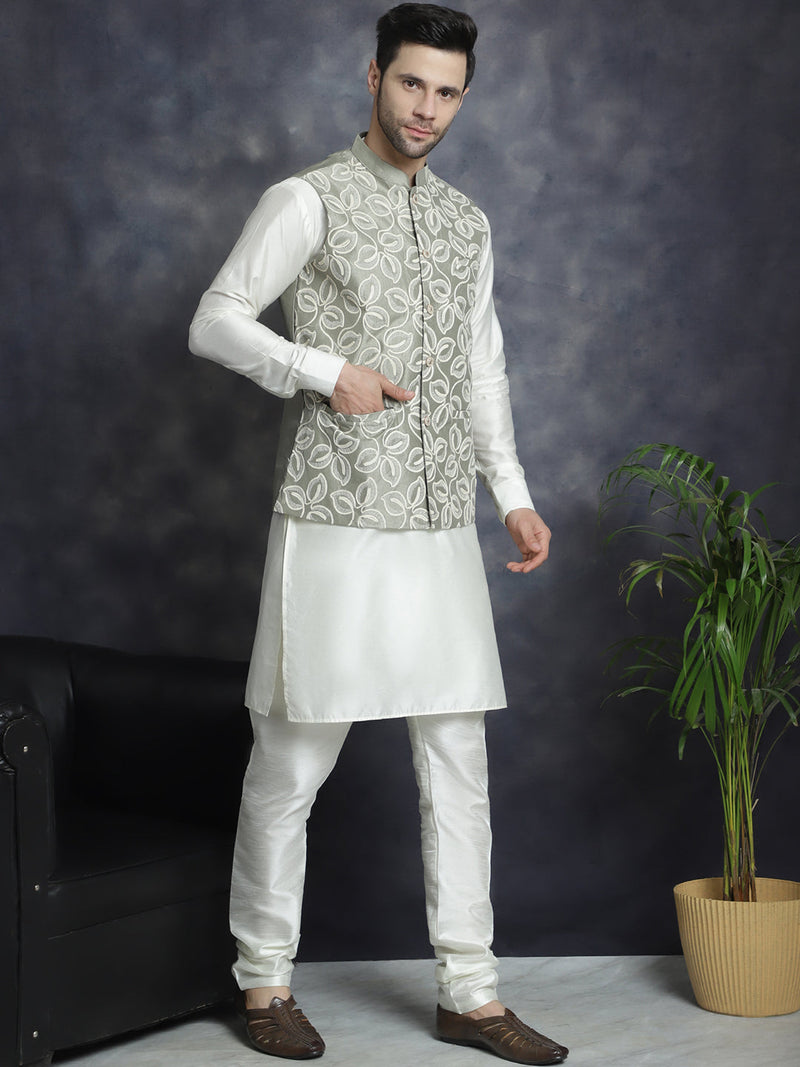 Men's Embroidred Nehru Jacket With Solid Kurta Pyjama ( JOKPWC 592W 4092Pista )