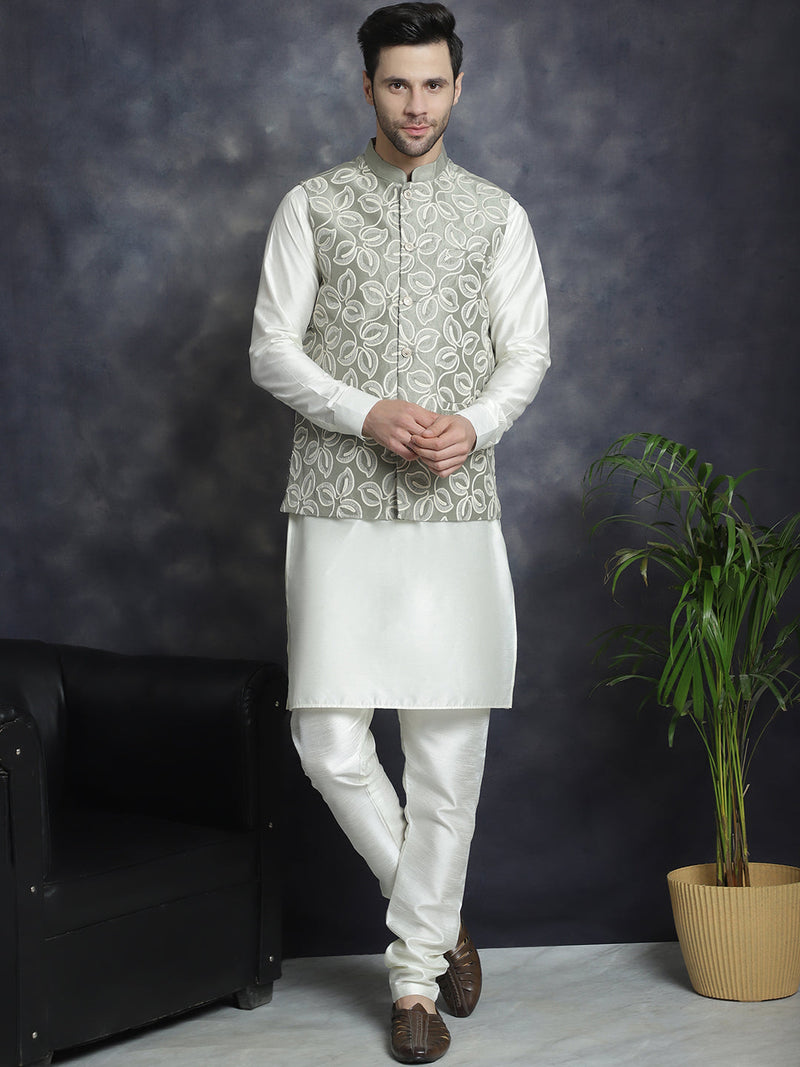 Men's Embroidred Nehru Jacket With Solid Kurta Pyjama ( JOKPWC 592W 4092Pista )