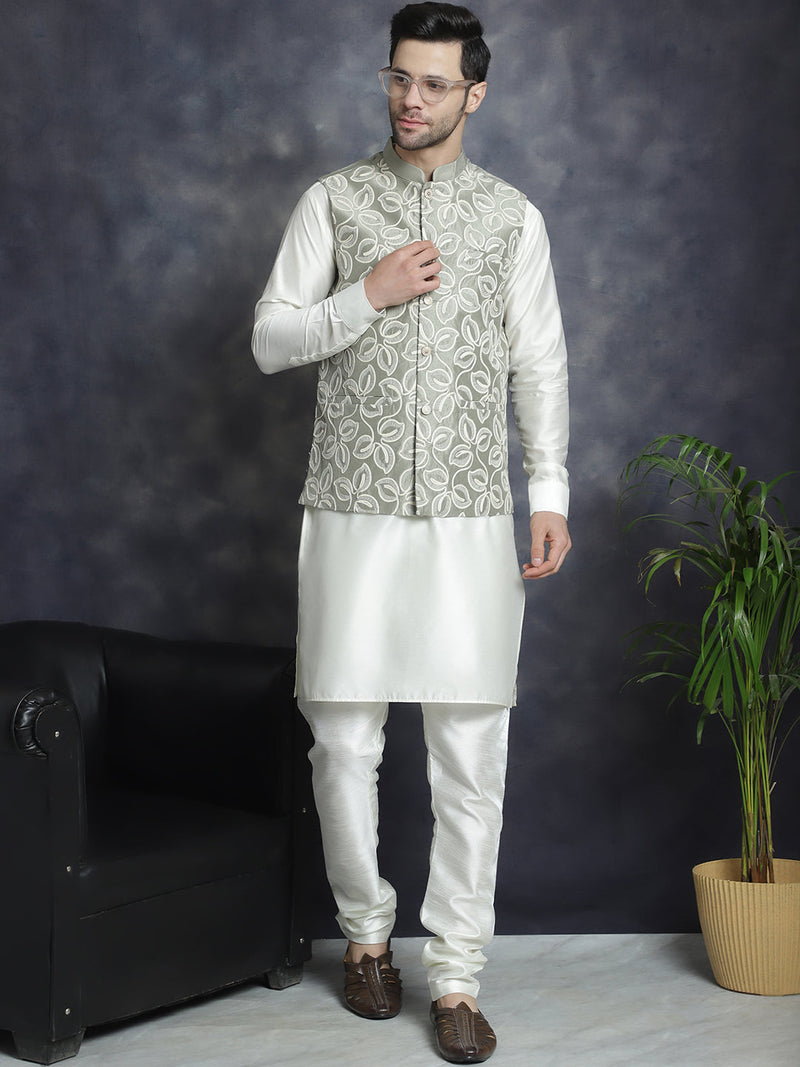 Men's Embroidred Nehru Jacket With Solid Kurta Pyjama ( JOKPWC 592W 4092Pista )