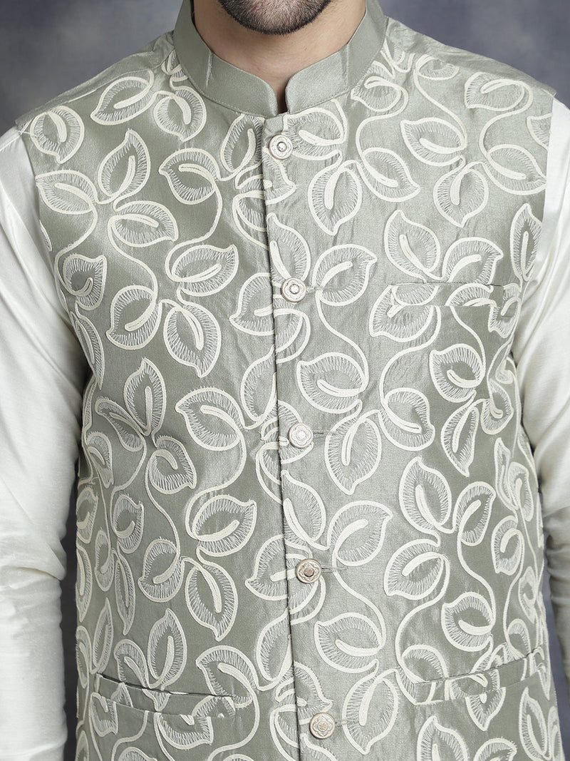 Men's Embroidred Nehru Jacket With Solid Kurta Pyjama ( JOKPWC 592W 4092Pista )