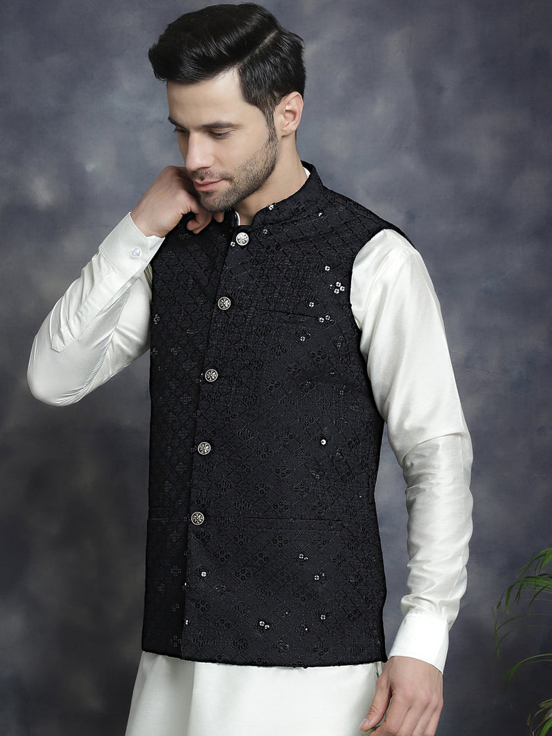 Men's Sequins and Embroidred Nehru Jacket With Solid Kurta Pyjama ( JOKPWC 592W 4093Black )