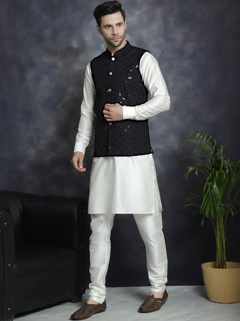 Men's Sequins and Embroidred Nehru Jacket With Solid Kurta Pyjama ( JOKPWC 592W 4093Black )