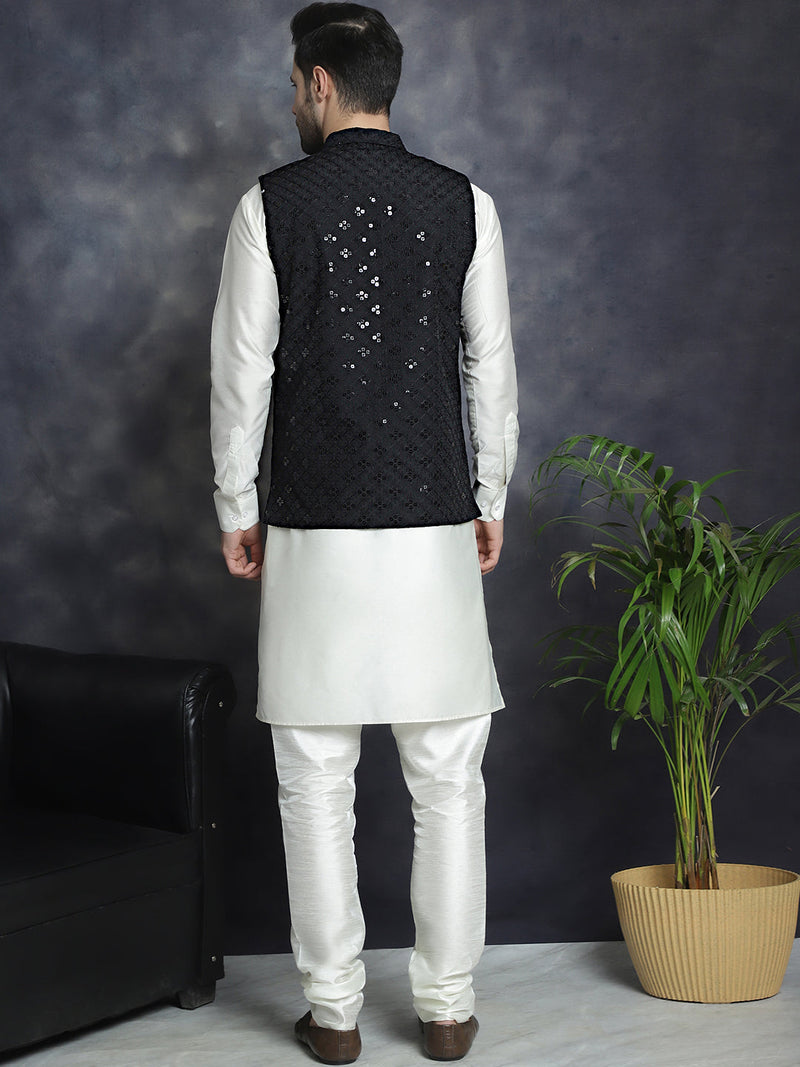 Men's Sequins and Embroidred Nehru Jacket With Solid Kurta Pyjama ( JOKPWC 592W 4093Black )