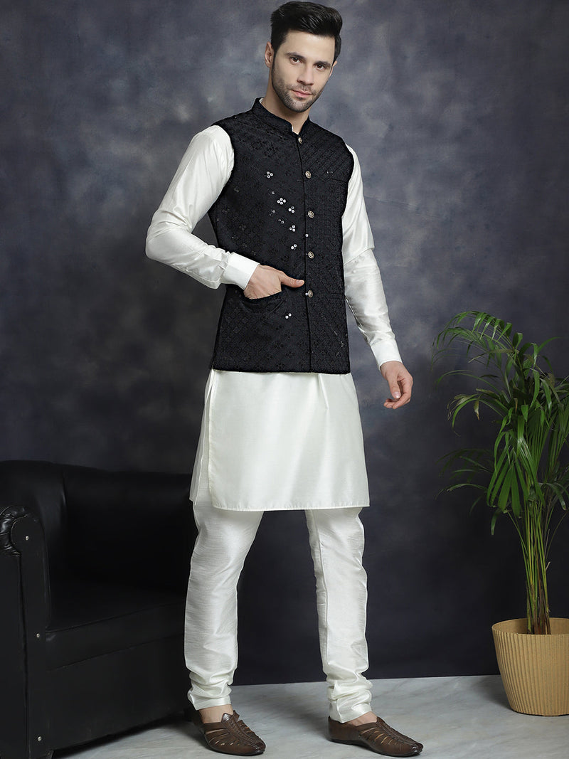 Men's Sequins and Embroidred Nehru Jacket With Solid Kurta Pyjama ( JOKPWC 592W 4093Black )