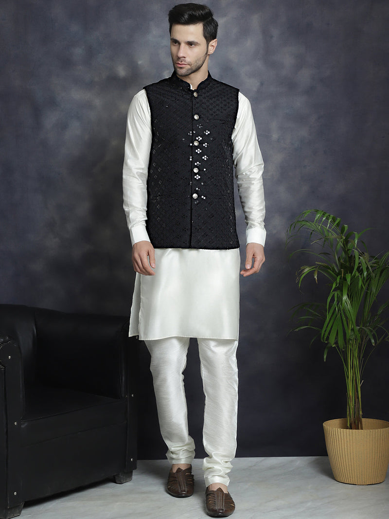 Men's Sequins and Embroidred Nehru Jacket With Solid Kurta Pyjama ( JOKPWC 592W 4093Black )