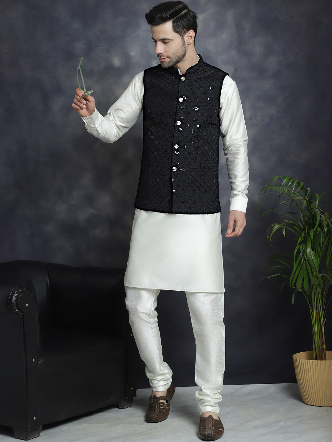 Men's Sequins and Embroidred Nehru Jacket With Solid Kurta Pyjama ( JOKPWC 592W 4093Black )