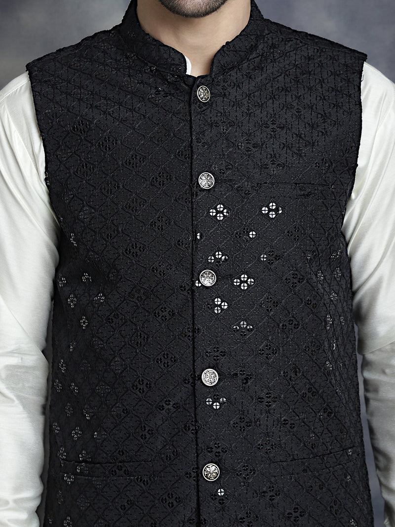 Men's Sequins and Embroidred Nehru Jacket With Solid Kurta Pyjama ( JOKPWC 592W 4093Black )