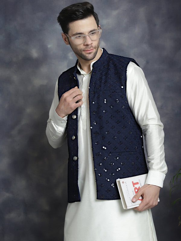 Men's Sequins and Embroidred Nehru Jacket With Solid Kurta Pyjama ( JOKPWC 592W 4093Navy )