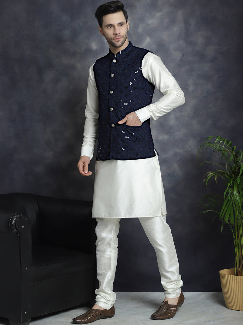 Men's Sequins and Embroidred Nehru Jacket With Solid Kurta Pyjama ( JOKPWC 592W 4093Navy )