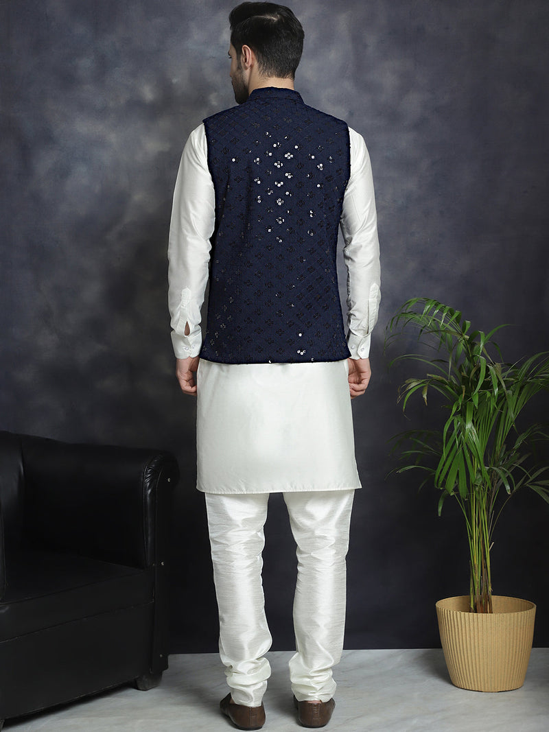 Men's Sequins and Embroidred Nehru Jacket With Solid Kurta Pyjama ( JOKPWC 592W 4093Navy )