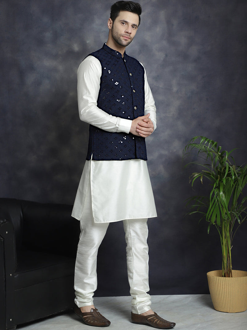 Men's Sequins and Embroidred Nehru Jacket With Solid Kurta Pyjama ( JOKPWC 592W 4093Navy )