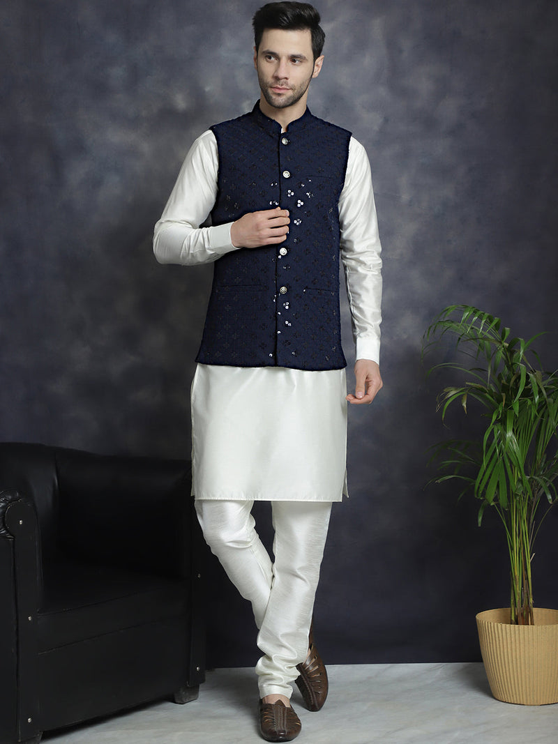 Men's Sequins and Embroidred Nehru Jacket With Solid Kurta Pyjama ( JOKPWC 592W 4093Navy )