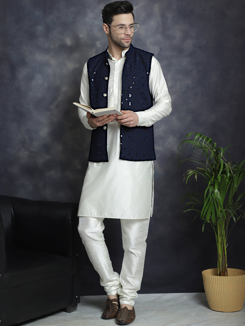 Men's Sequins and Embroidred Nehru Jacket With Solid Kurta Pyjama ( JOKPWC 592W 4093Navy )