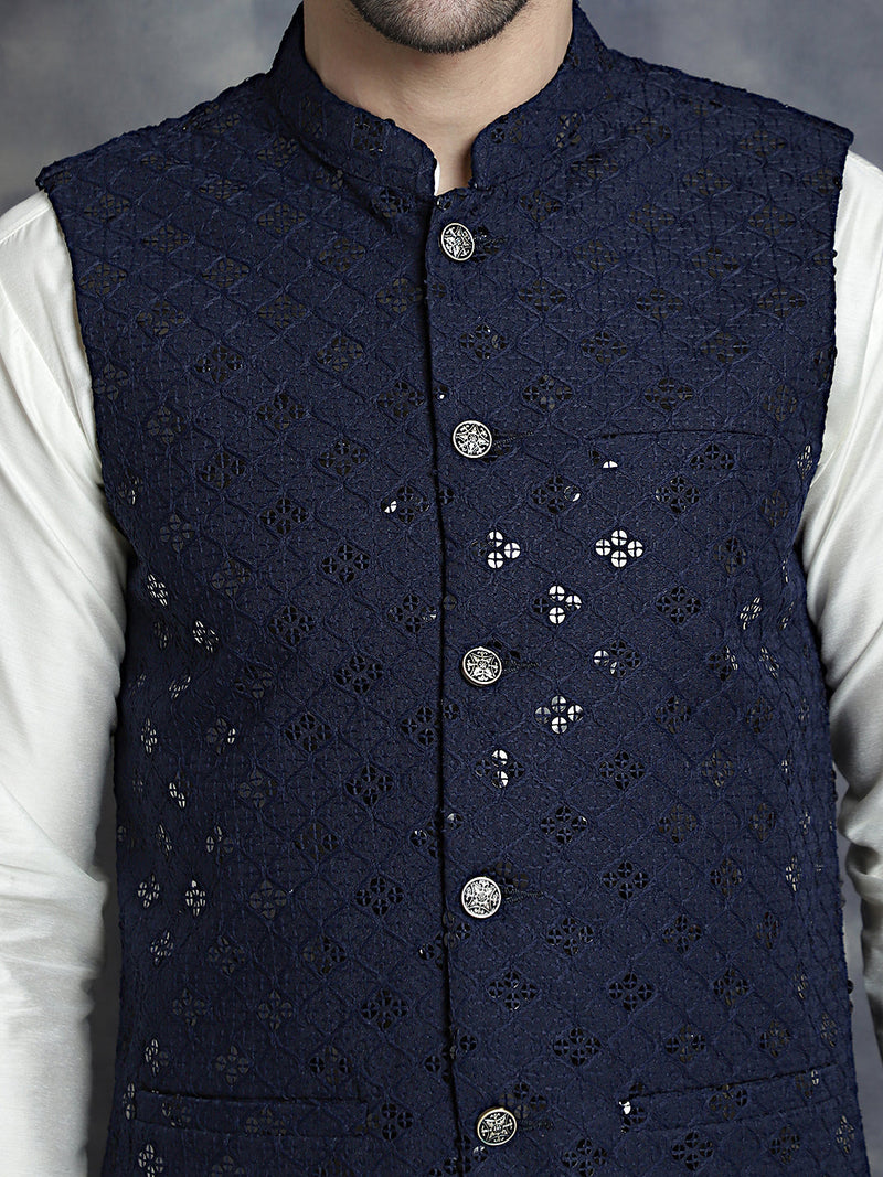 Men's Sequins and Embroidred Nehru Jacket With Solid Kurta Pyjama ( JOKPWC 592W 4093Navy )