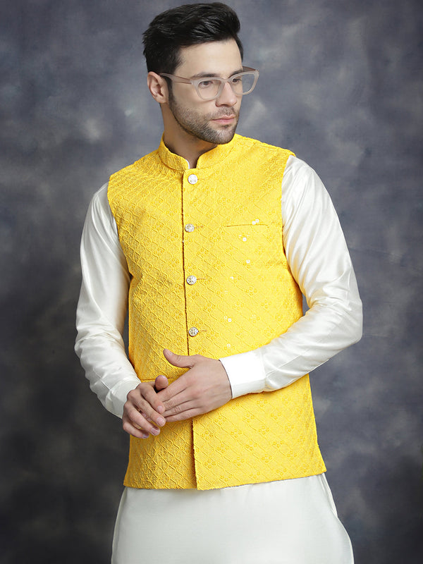 Men's Sequins and Embroidred Nehru Jacket With Solid Kurta Pyjama ( JOKPWC 592W 4093Yellow )