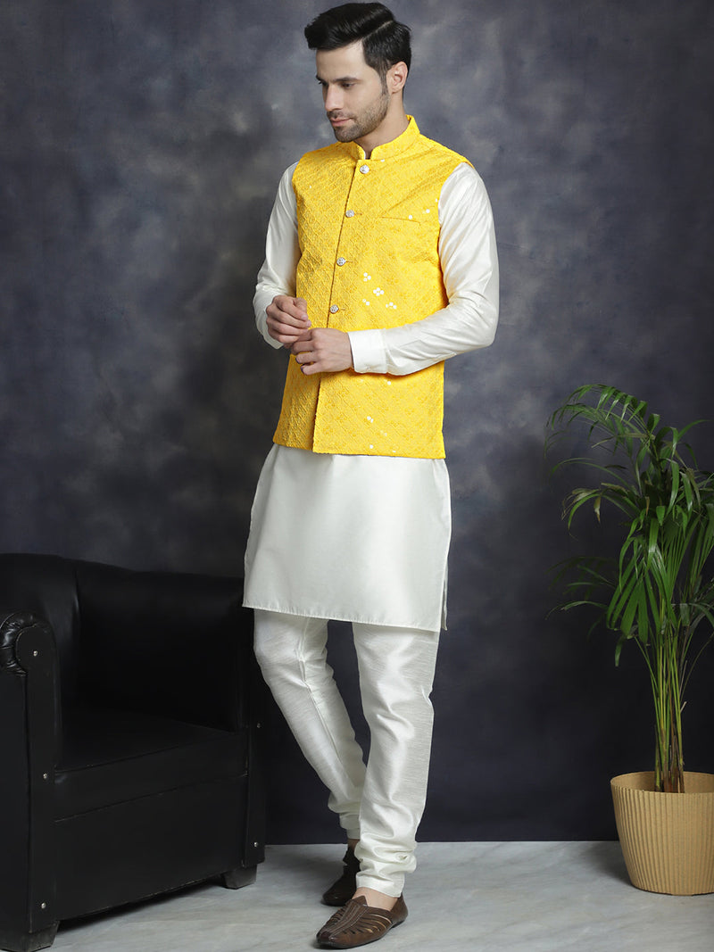 Men's Sequins and Embroidred Nehru Jacket With Solid Kurta Pyjama ( JOKPWC 592W 4093Yellow )