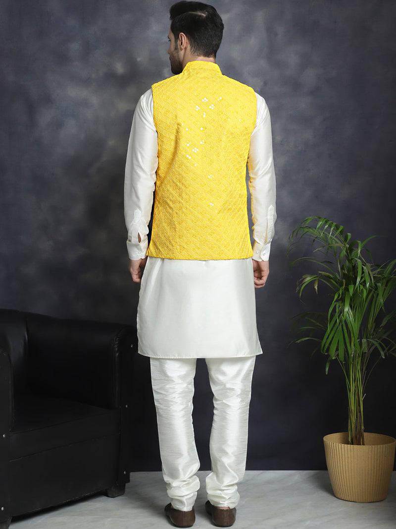 Men's Sequins and Embroidred Nehru Jacket With Solid Kurta Pyjama ( JOKPWC 592W 4093Yellow )