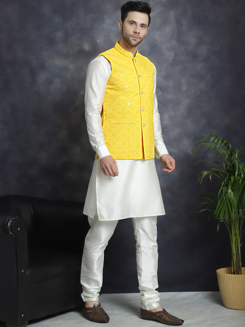 Men's Sequins and Embroidred Nehru Jacket With Solid Kurta Pyjama ( JOKPWC 592W 4093Yellow )