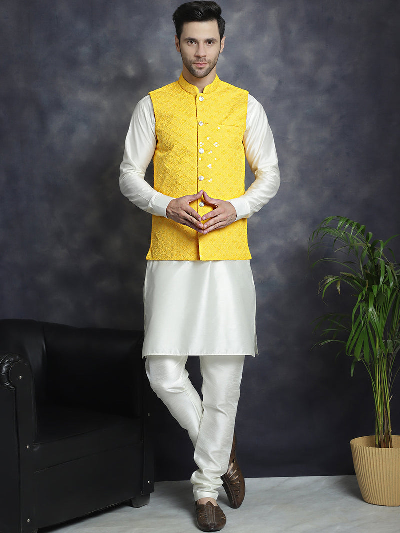 Men's Sequins and Embroidred Nehru Jacket With Solid Kurta Pyjama ( JOKPWC 592W 4093Yellow )