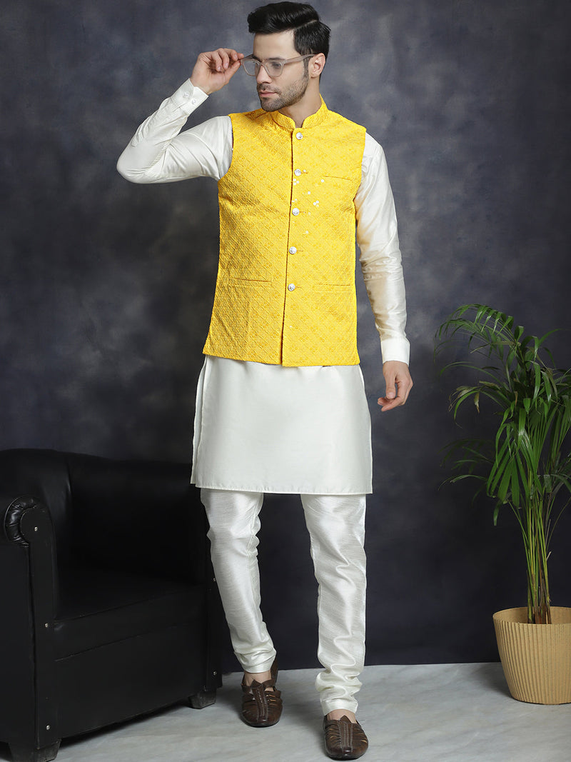 Men's Sequins and Embroidred Nehru Jacket With Solid Kurta Pyjama ( JOKPWC 592W 4093Yellow )