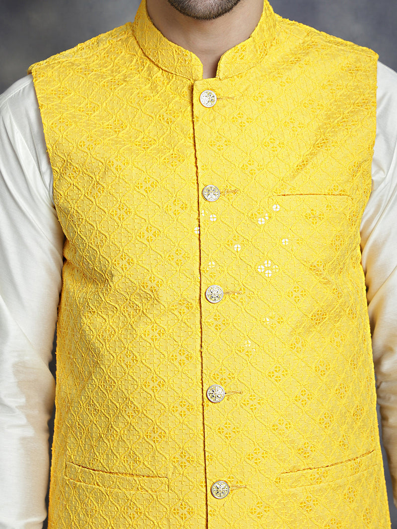 Men's Sequins and Embroidred Nehru Jacket With Solid Kurta Pyjama ( JOKPWC 592W 4093Yellow )