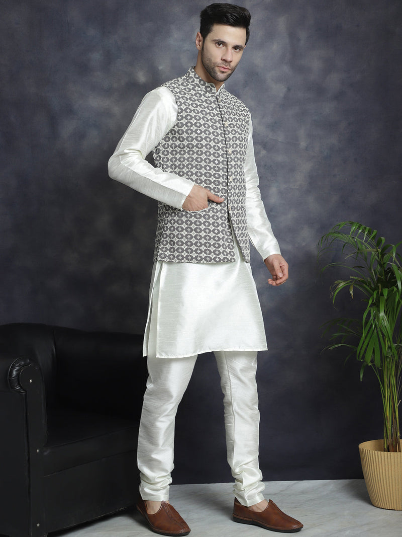 Men's Embroidred Nehru Jacket With Solid Kurta Pyjama ( JOKPWC 592W 4094Grey )