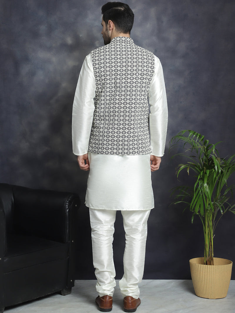 Men's Embroidred Nehru Jacket With Solid Kurta Pyjama ( JOKPWC 592W 4094Grey )