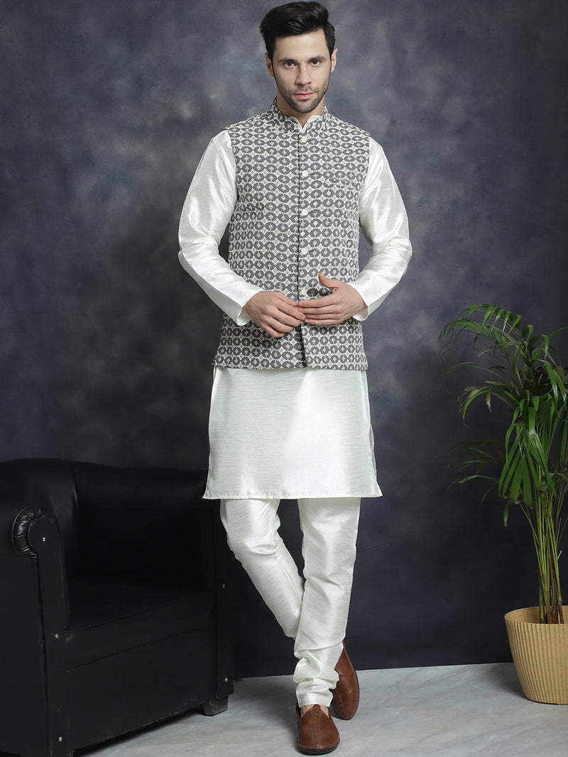 Men's Embroidred Nehru Jacket With Solid Kurta Pyjama ( JOKPWC 592W 4094Grey )