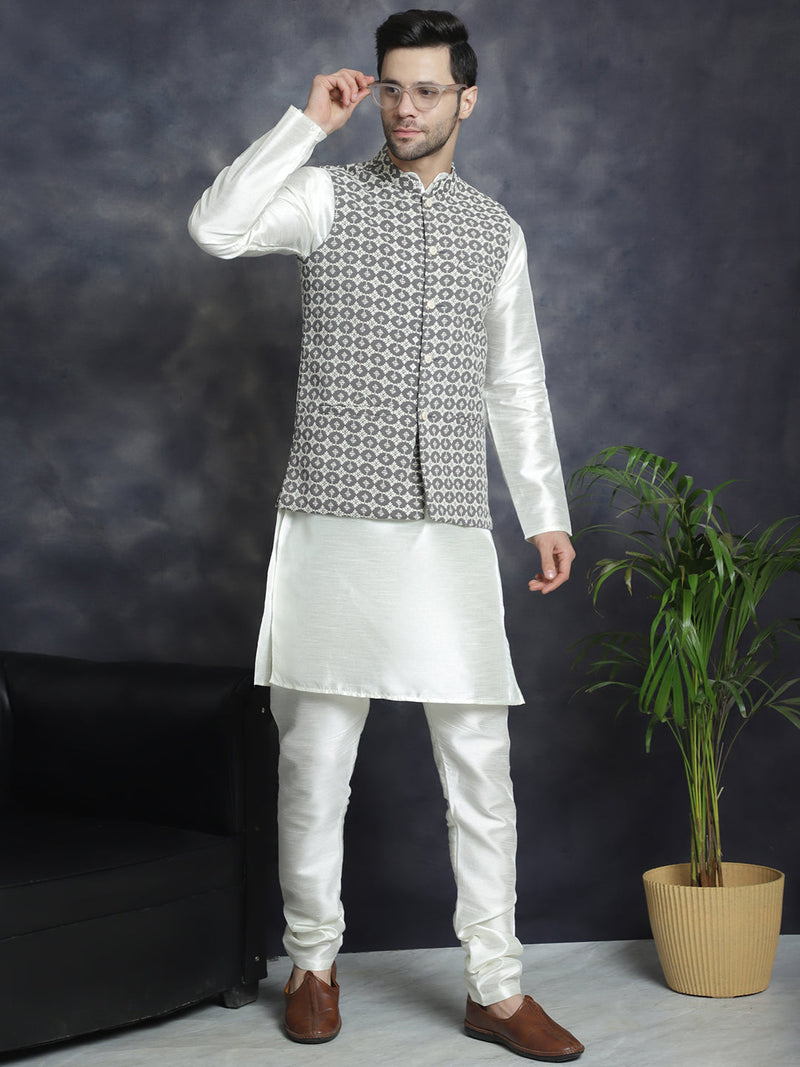 Men's Embroidred Nehru Jacket With Solid Kurta Pyjama ( JOKPWC 592W 4094Grey )