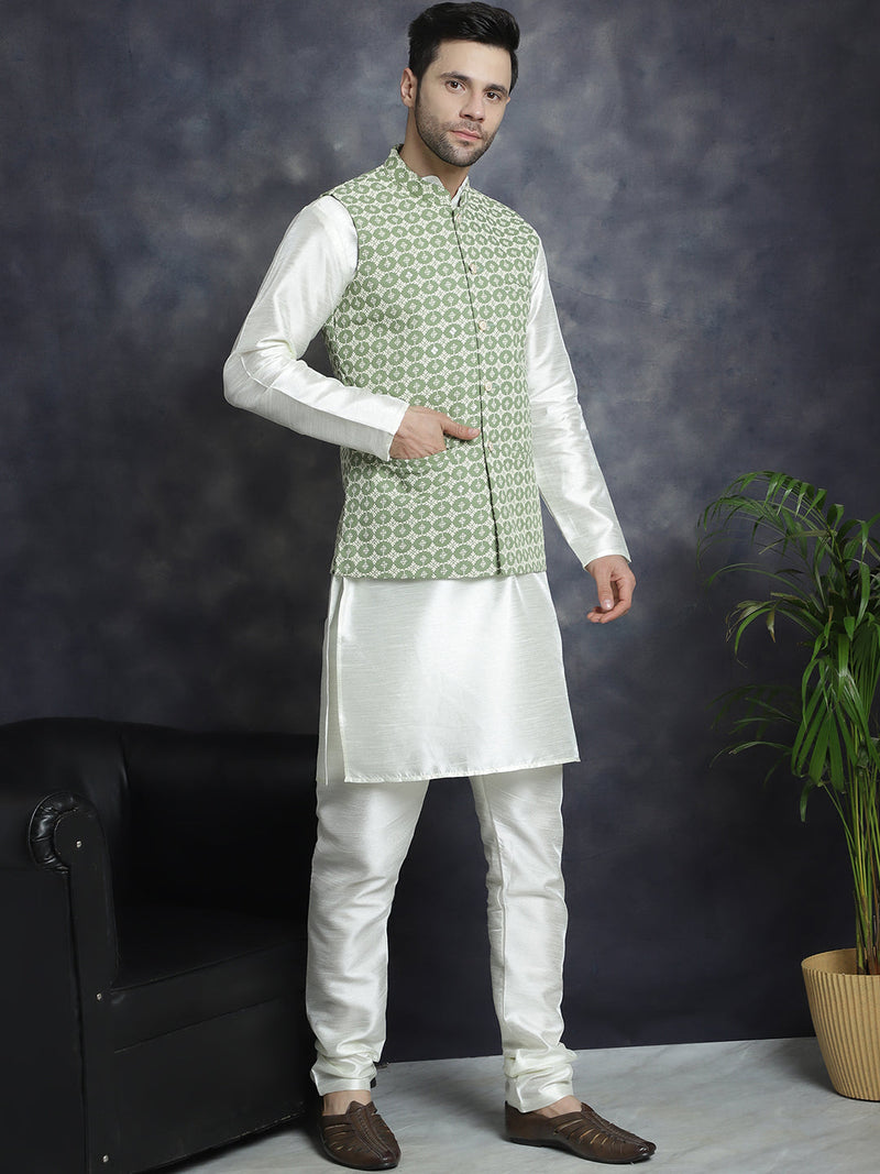 Men's Embroidred Nehru Jacket With Solid Kurta Pyjama ( JOKPWC 592W 4094Mehndi )