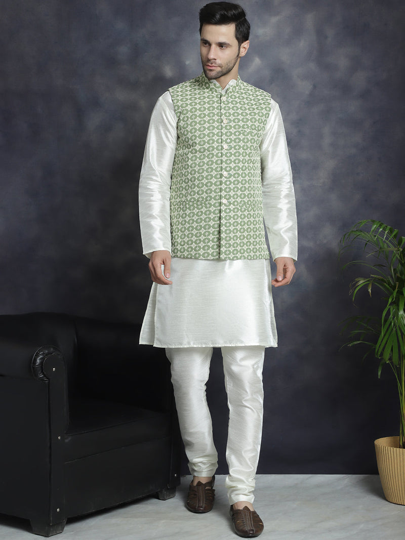 Men's Embroidred Nehru Jacket With Solid Kurta Pyjama ( JOKPWC 592W 4094Mehndi )