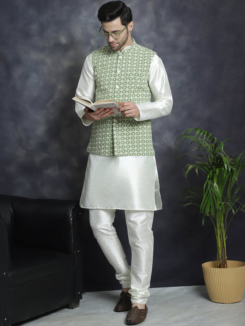 Men's Embroidred Nehru Jacket With Solid Kurta Pyjama ( JOKPWC 592W 4094Mehndi )