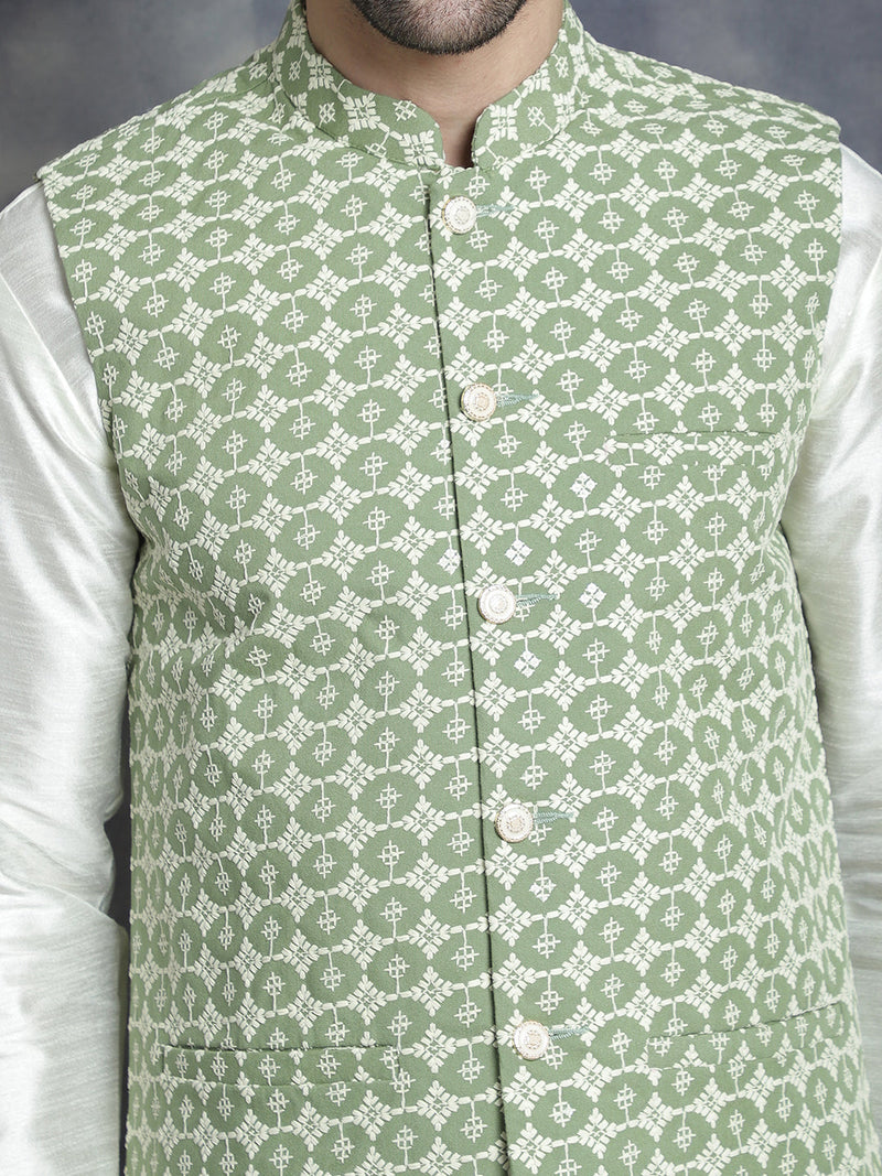 Men's Embroidred Nehru Jacket With Solid Kurta Pyjama ( JOKPWC 592W 4094Mehndi )