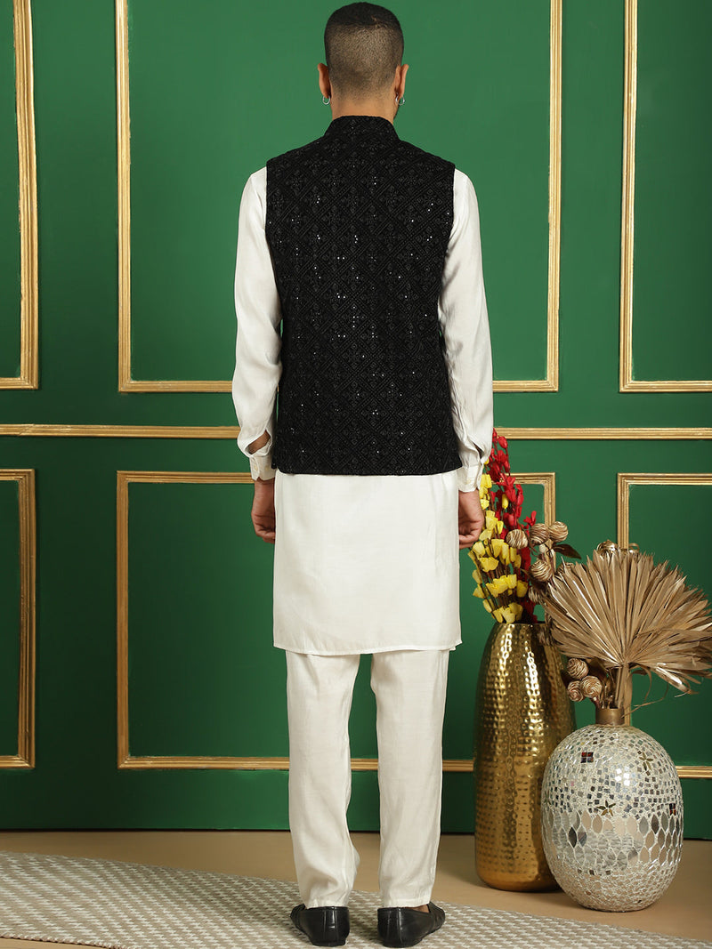 Men's Velvet Nehru Jacket With Solid Kurta Pyjama