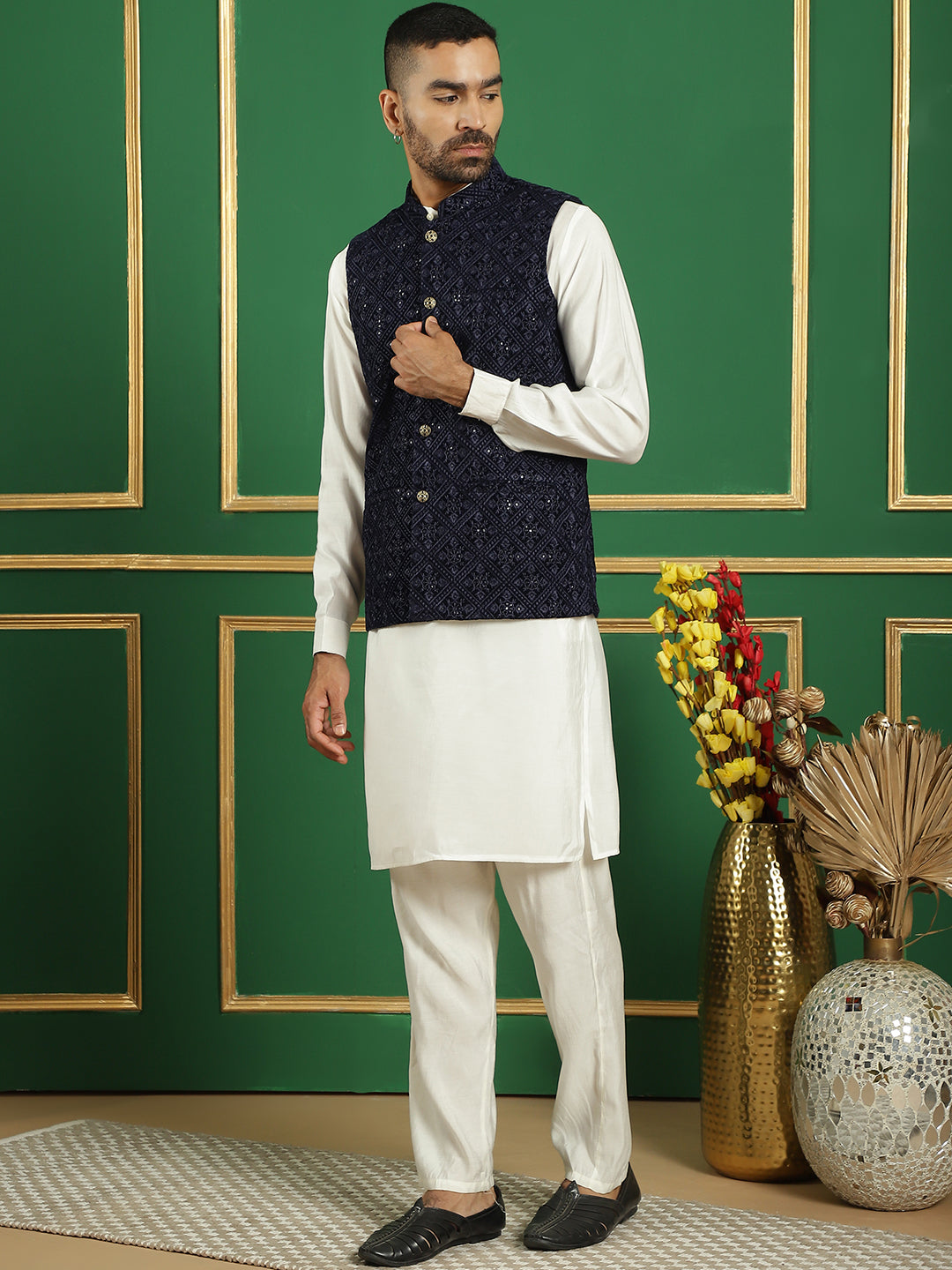 Men's Velvet Nehru Jacket With Solid Kurta Pyjama