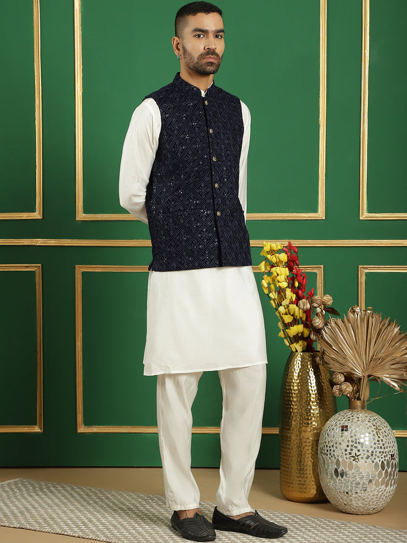 Men's Velvet Nehru Jacket With Solid Kurta Pyjama