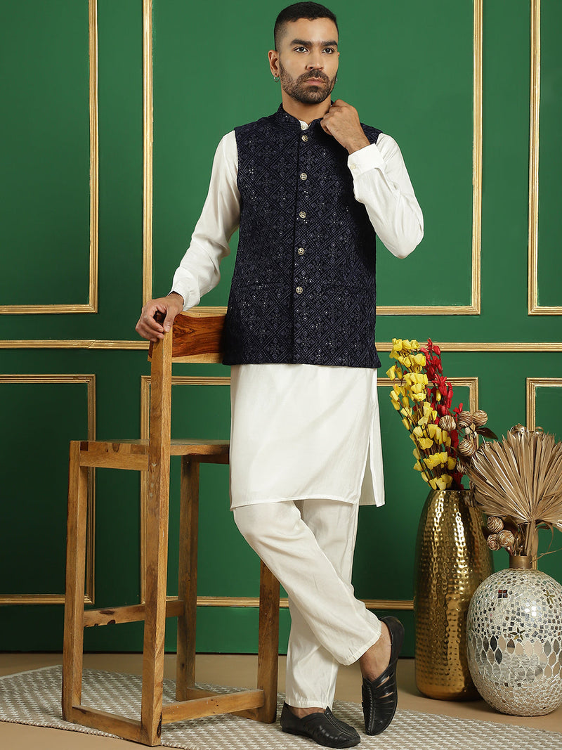 Men's Velvet Nehru Jacket With Solid Kurta Pyjama