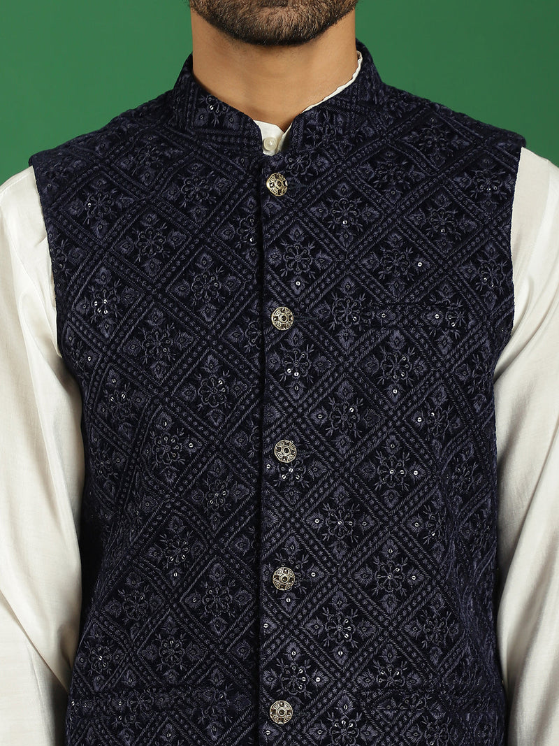 Men's Velvet Nehru Jacket With Solid Kurta Pyjama