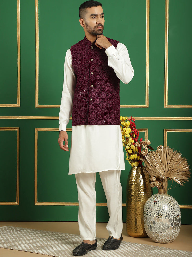 Men's Velvet Nehru Jacket With Solid Kurta Pyjama