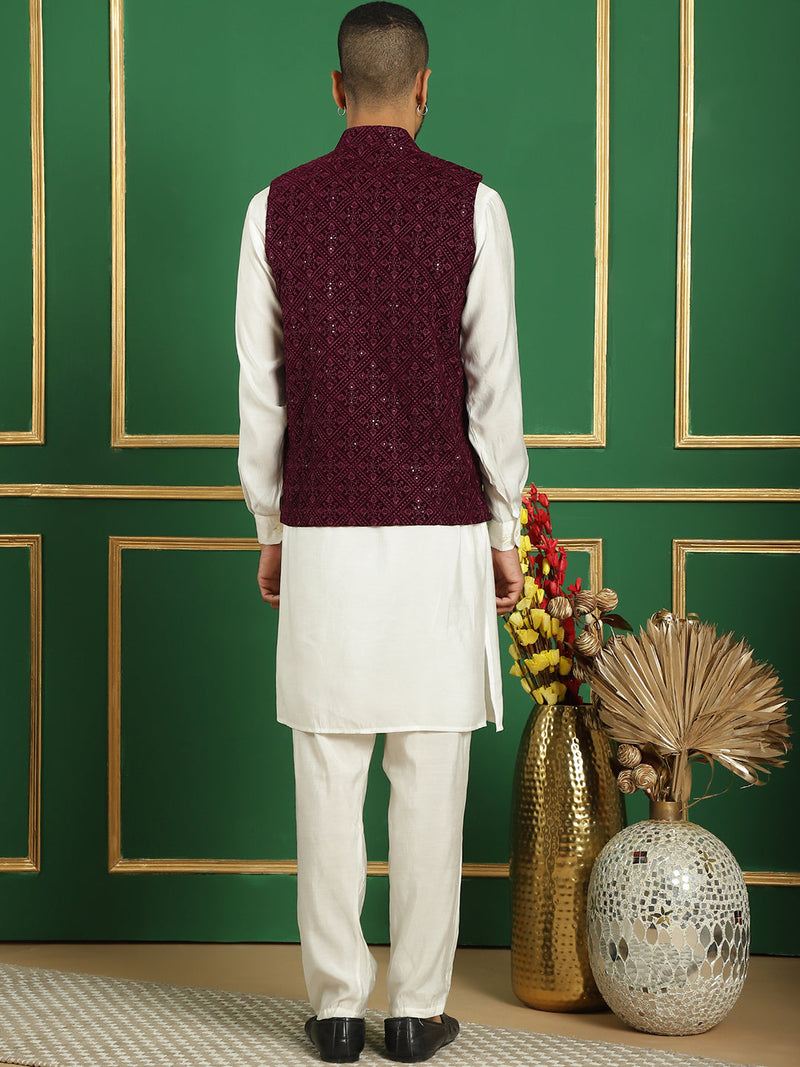 Men's Velvet Nehru Jacket With Solid Kurta Pyjama