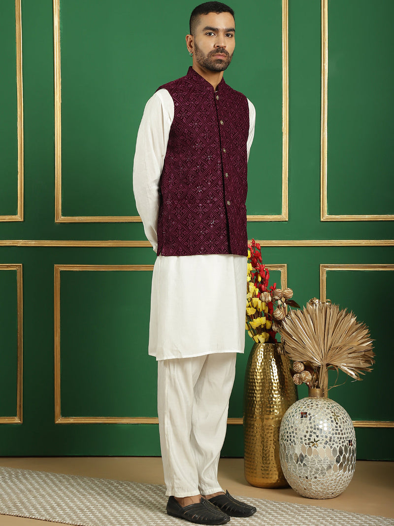 Men's Velvet Nehru Jacket With Solid Kurta Pyjama